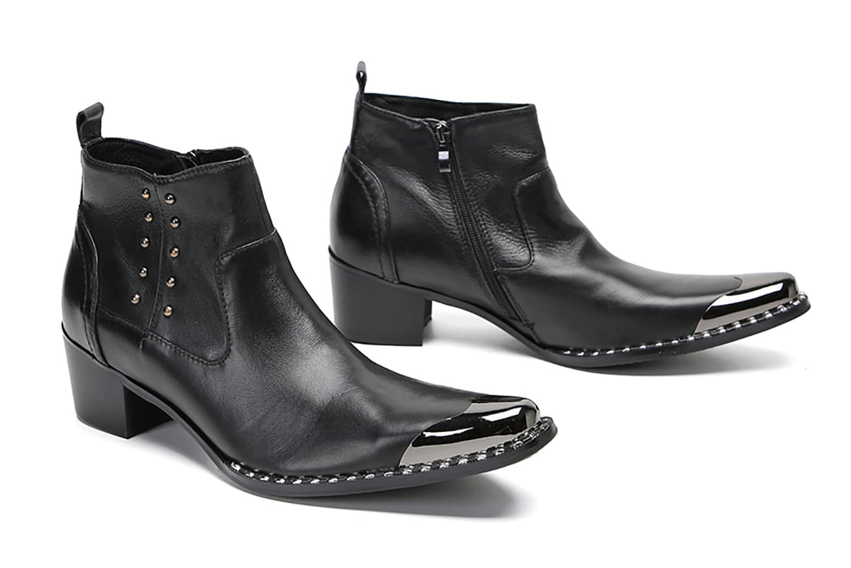 Mens Genuine Leather Beaded Zipper Metal Square Toe Ankle Western Boots