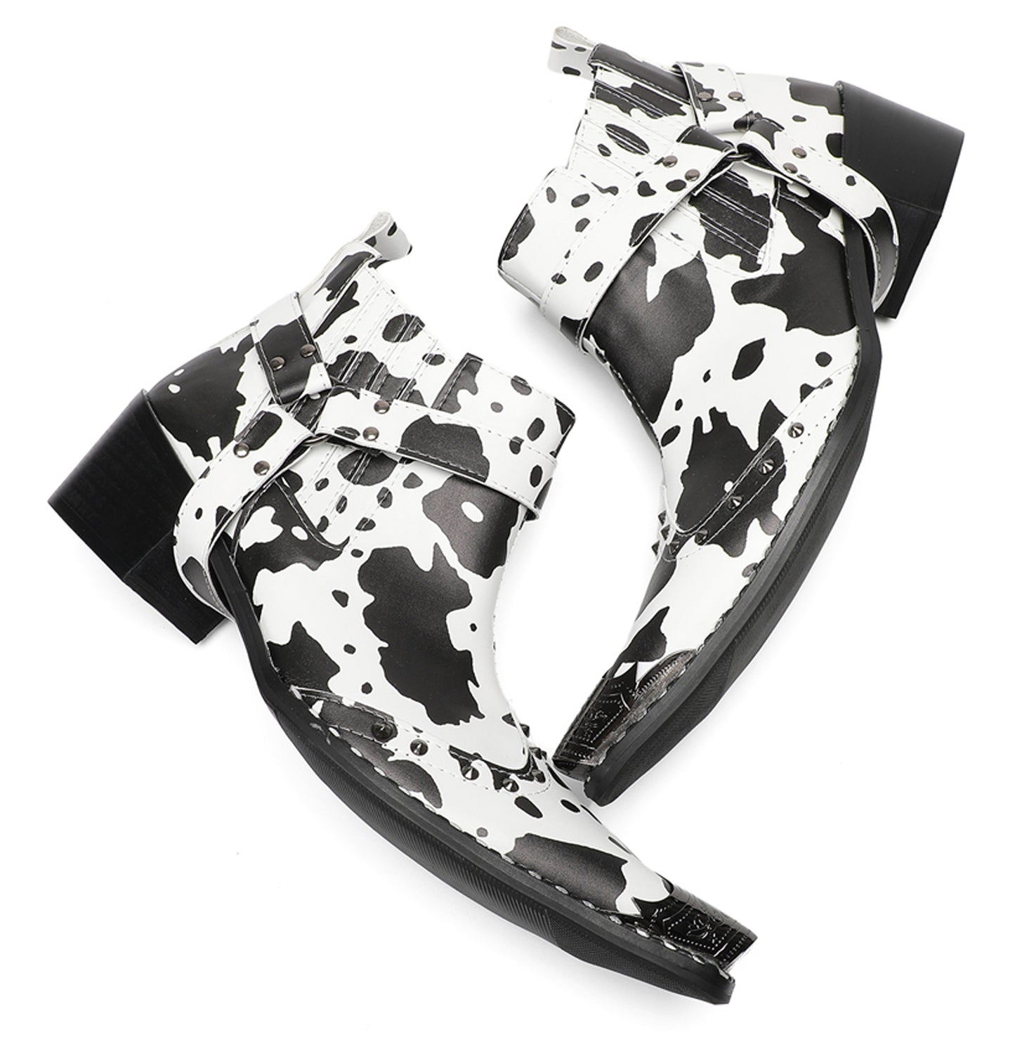 Mens Cow Print Harness Strap Ankle Western Chelsea Boots