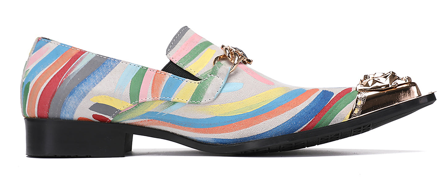 Mens Metal-Tip Toe Graffiti Gold Chain Western Loafers