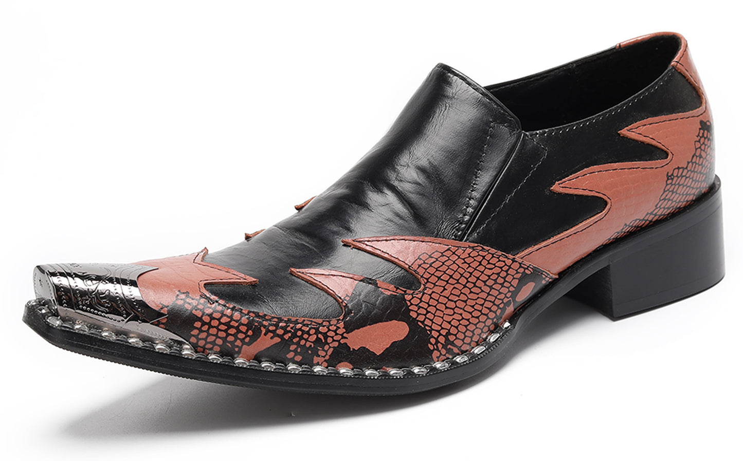 Mens Genuine Leather Two Tone Block Heel Western Loafers