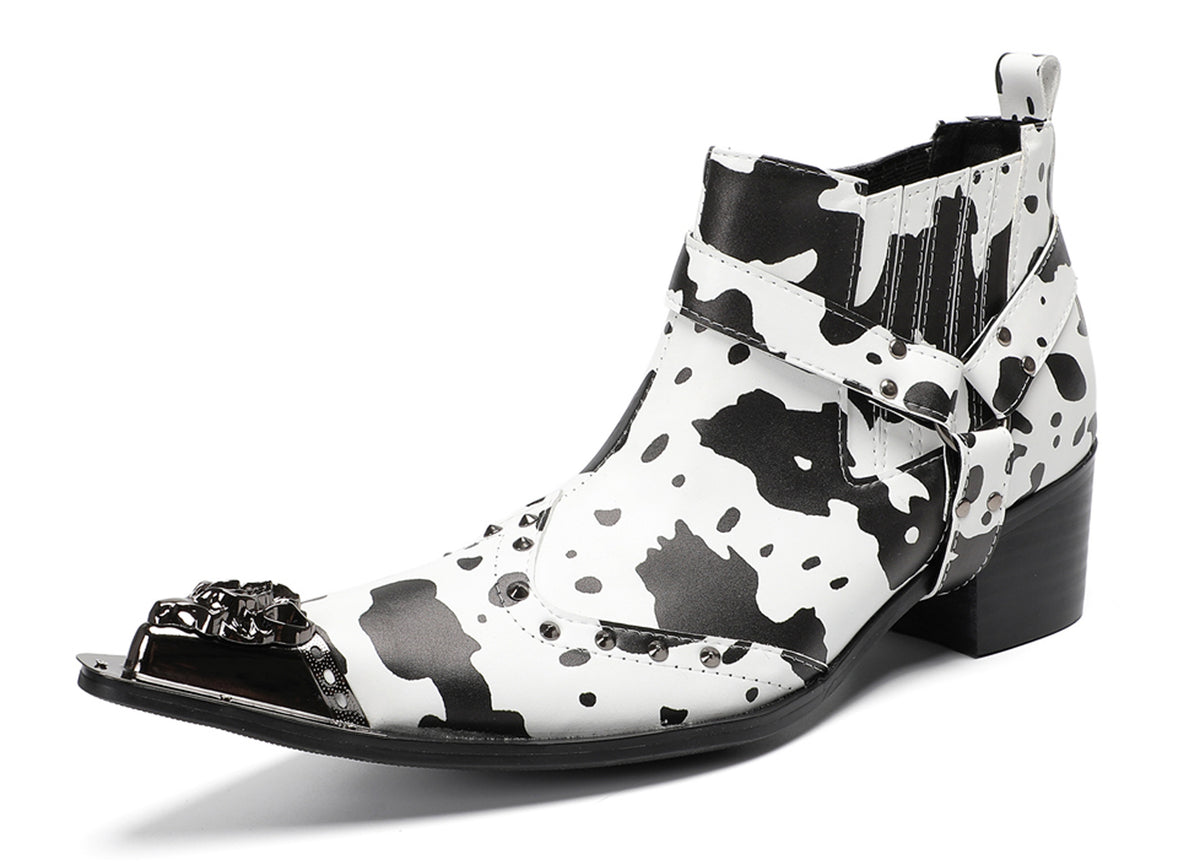 Mens Cow Print Harness Strap Chain Accent Ankles Western Chelsea Boots