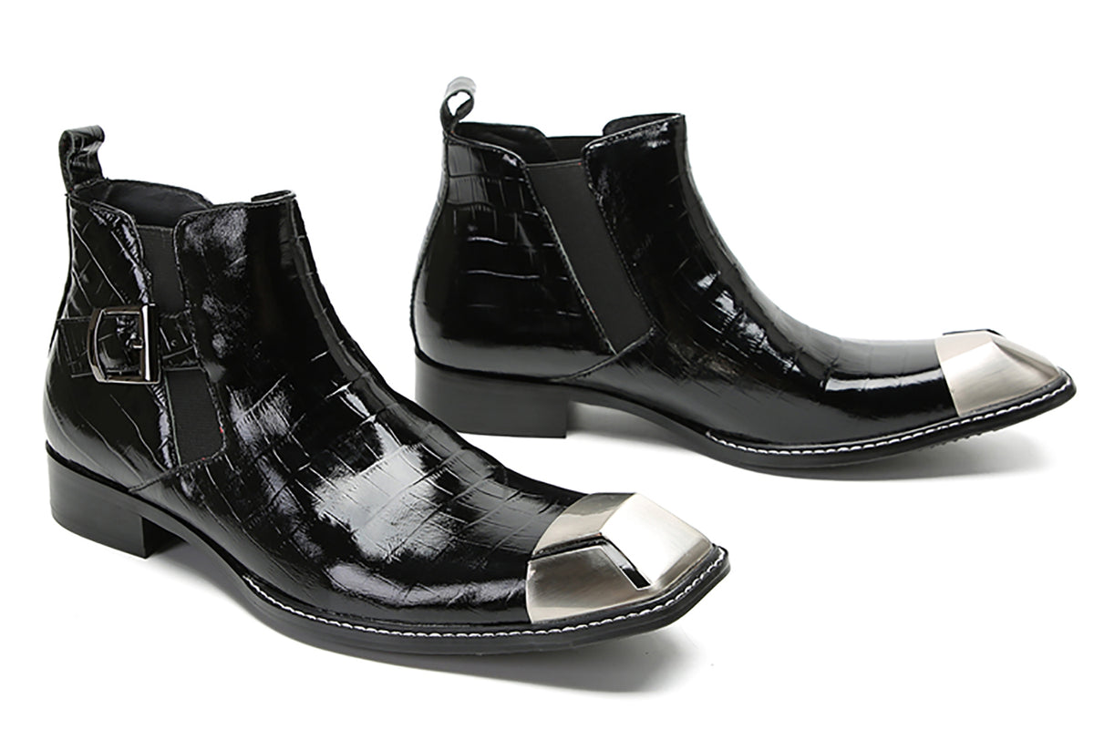 Mens Genunie Leather Black Dress Leather Metal Square Toe Ankle Western Chelsea Boots