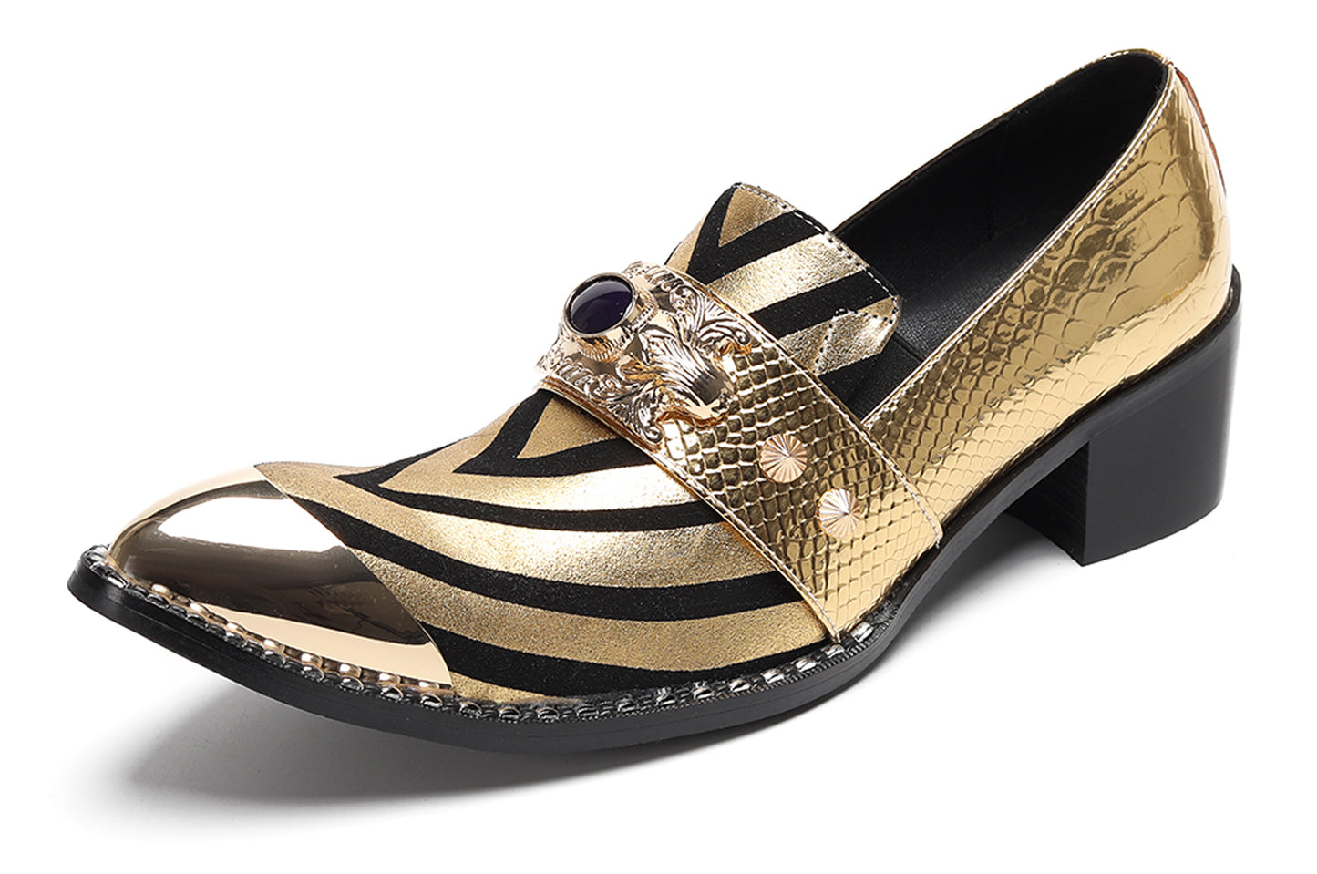 Mens Metal Tip Toe Black Gold Pattern Western Loafers