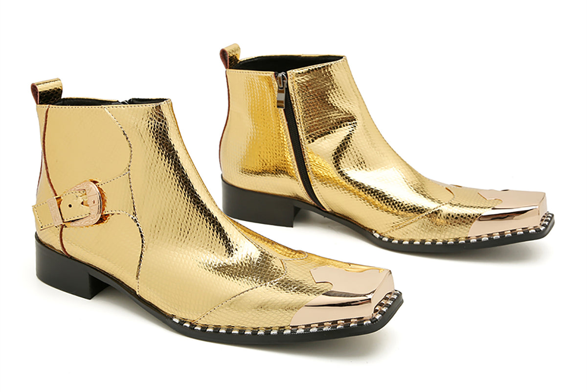 Mens Genuine Leather Gold Dress Metal Square Toe Ankle Western Boots