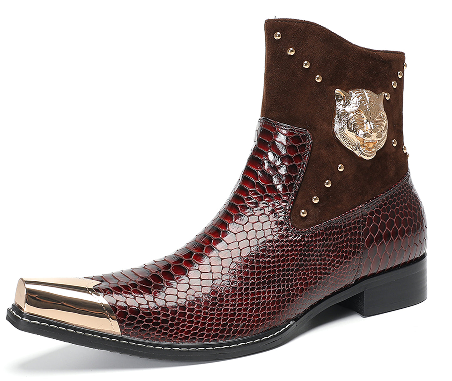 Mens Snakeskin Leather Studded Suede Western Boots