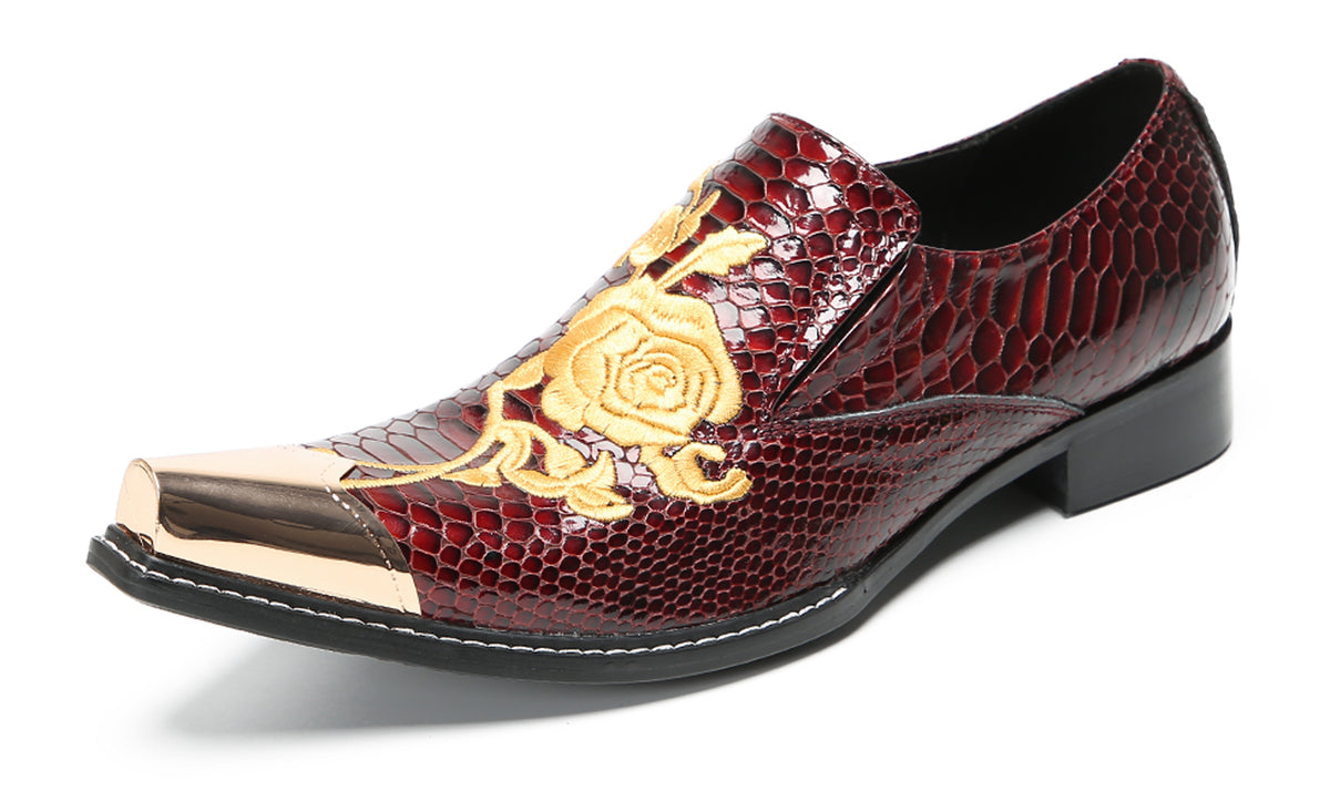 Mens Embroidered Gold Metal Toe Dress Western Loafers