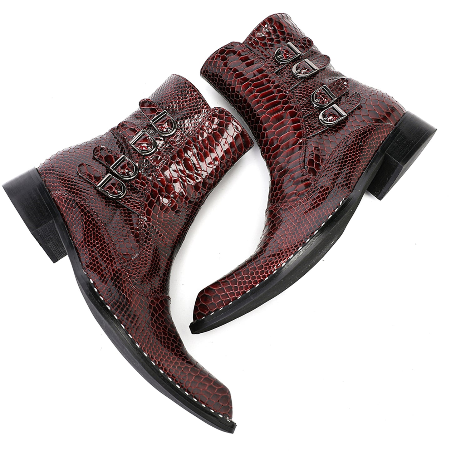 Mens Croc-Embossed Leather Buckle Cowboy Ankle Boots