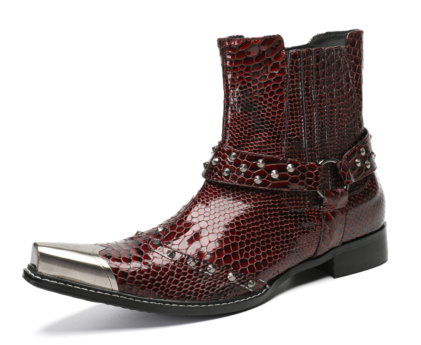 Mens Top-Grain Leather Studded Strap & Side Zipper Cowboy Western Boots