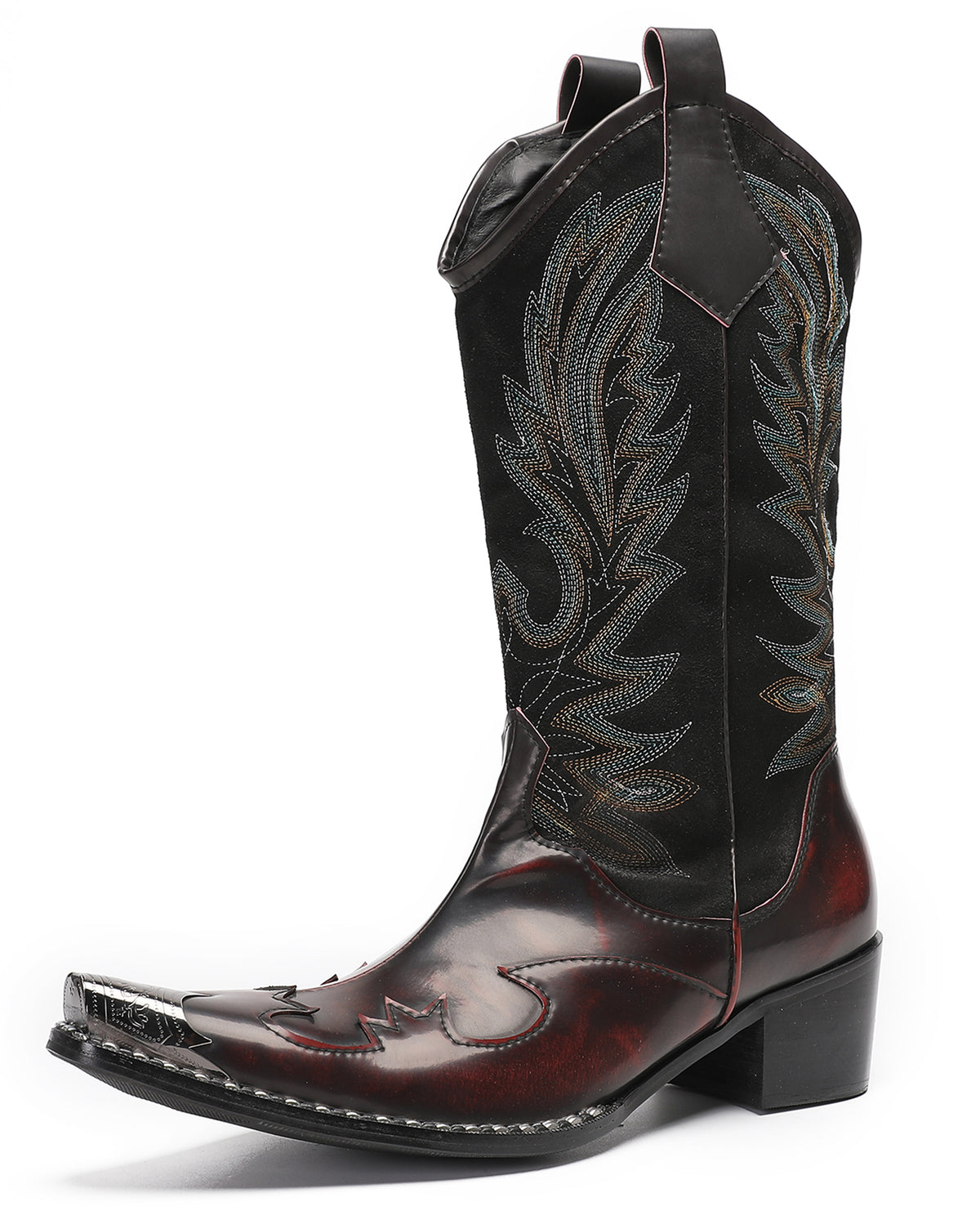 Mens Genuine Leather Metal Wingtip Toe Embroidered Pull On Western Cowboy Boots