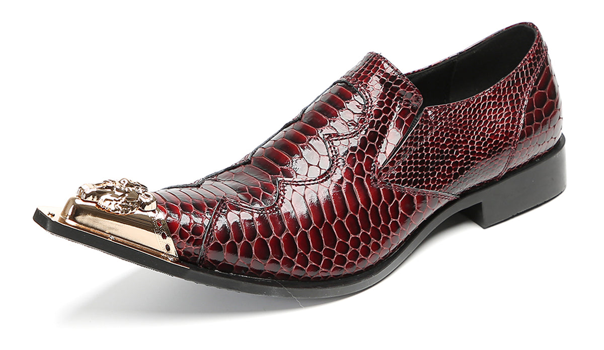 Mens Metal Toe Cap Burgundy Red Crocodile Pattern Western Loafers