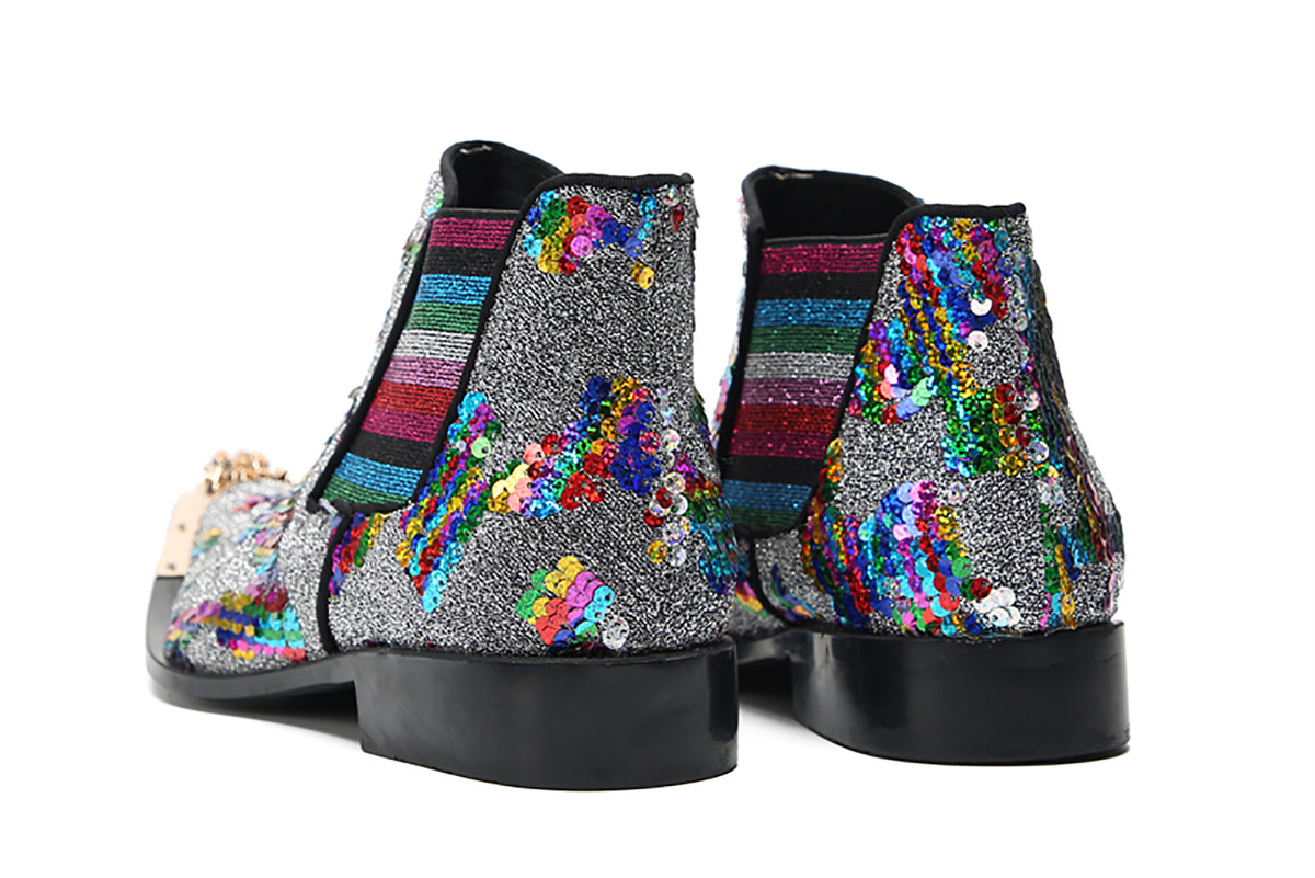 Mens Genuine Leather Metal Pointed Toe Sequins Glitter Ankle Western Chelsea Boots