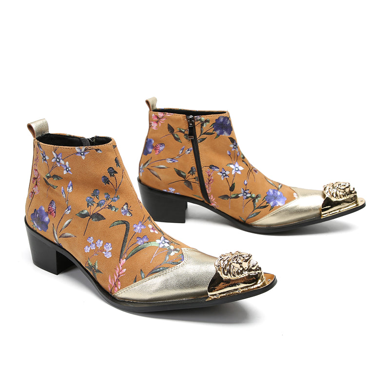 Mens Genuine Leather Metal-Wingtip Zipper Flowers Ankle Western Boots