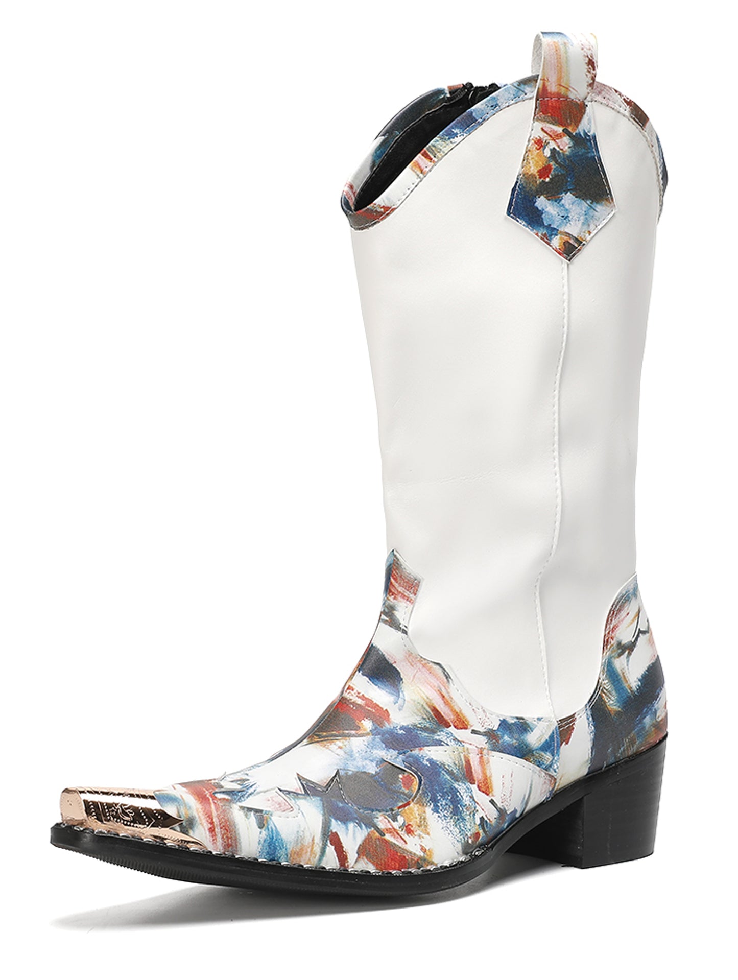 Mens White Shaft Leather Side Zipper Pull Tabs Cowboy Western Boots