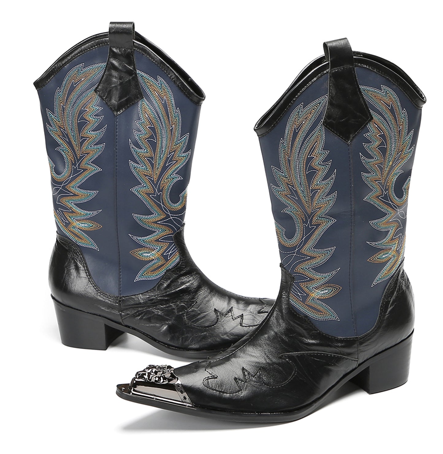 Mens Navy Embroidered Pull-On Tabs Mid-Calf Shaft Western Cowboy Boots