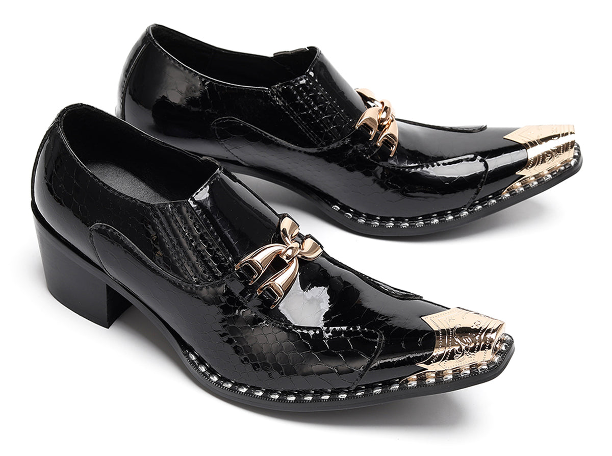 Mens Metal Tip Toe Chain Buckle Exotic Crocodile Pattern Western Loafers