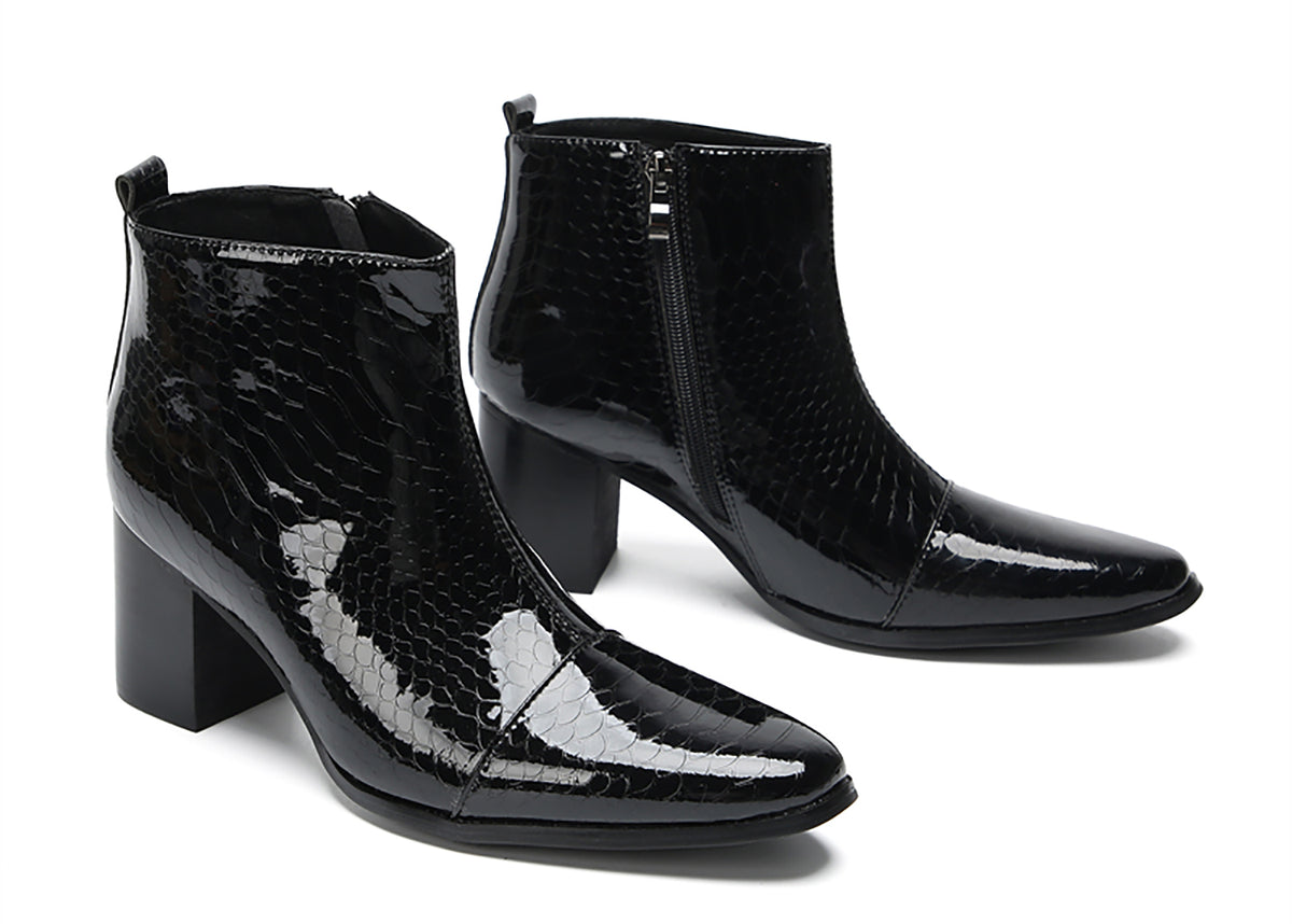 Mens Black Glossy Patent Leather Snake Print Block Heel Ankle Boots