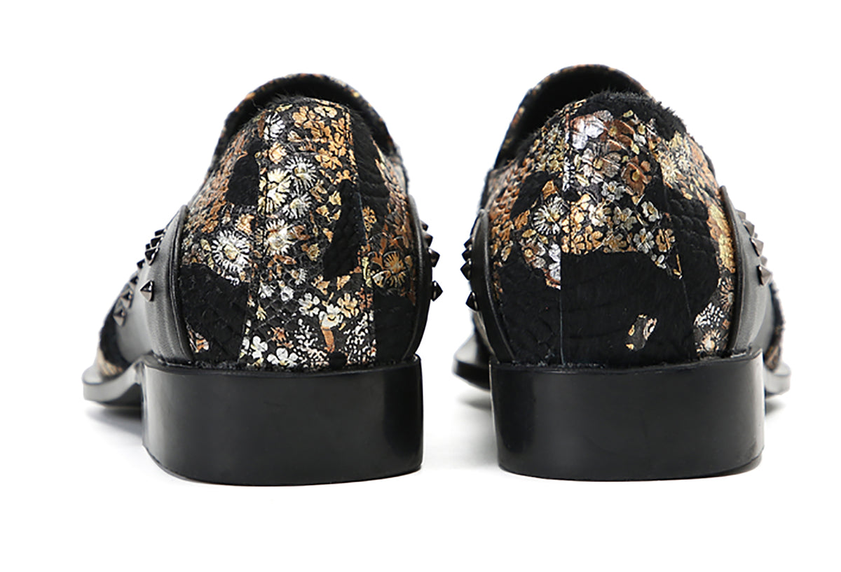Mens Silp On Leather Metal Tip Toe Gold Glitter Western Loafers