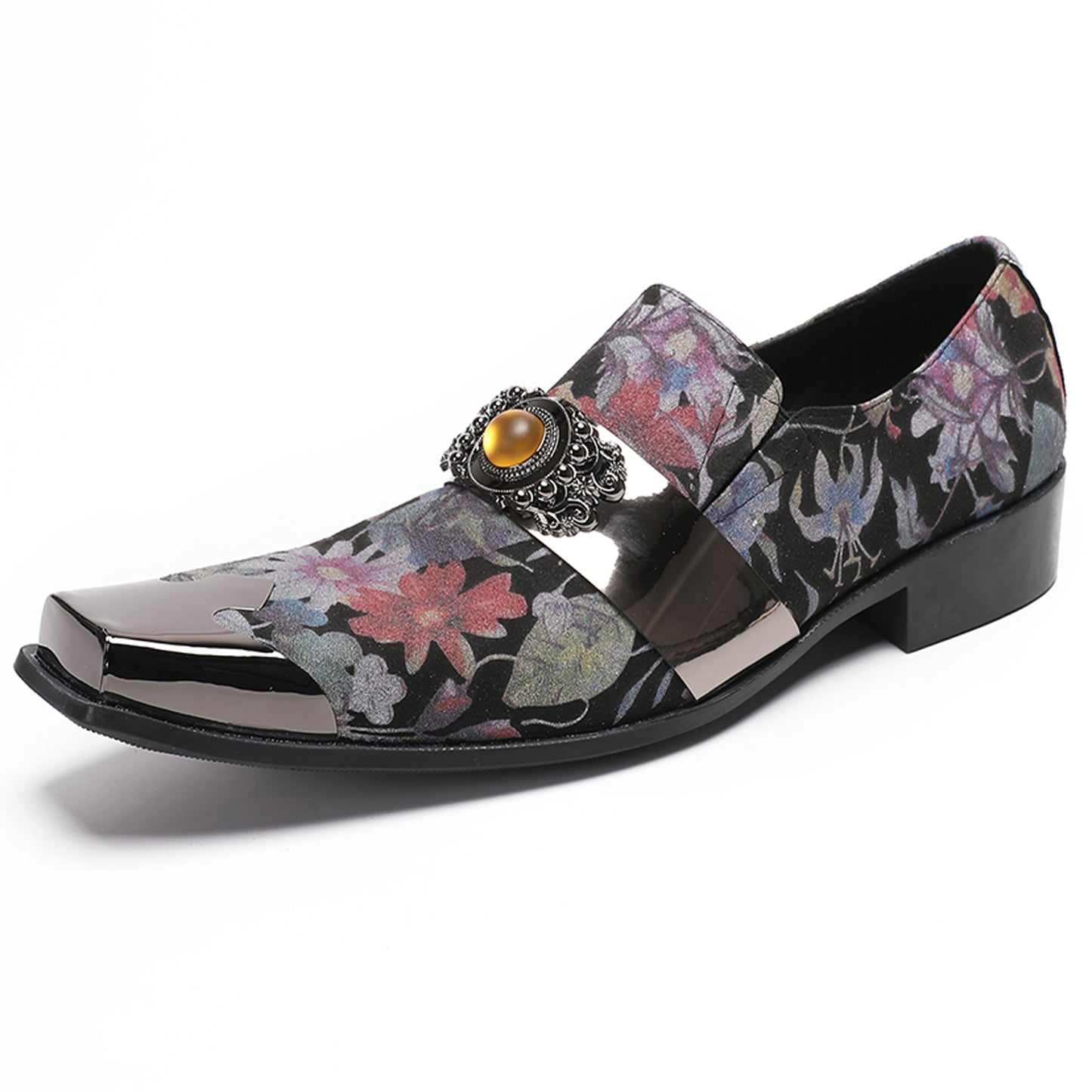 Men¡¯s Handmade Floral Top-Grain Leather Metal Square Toe Loafers