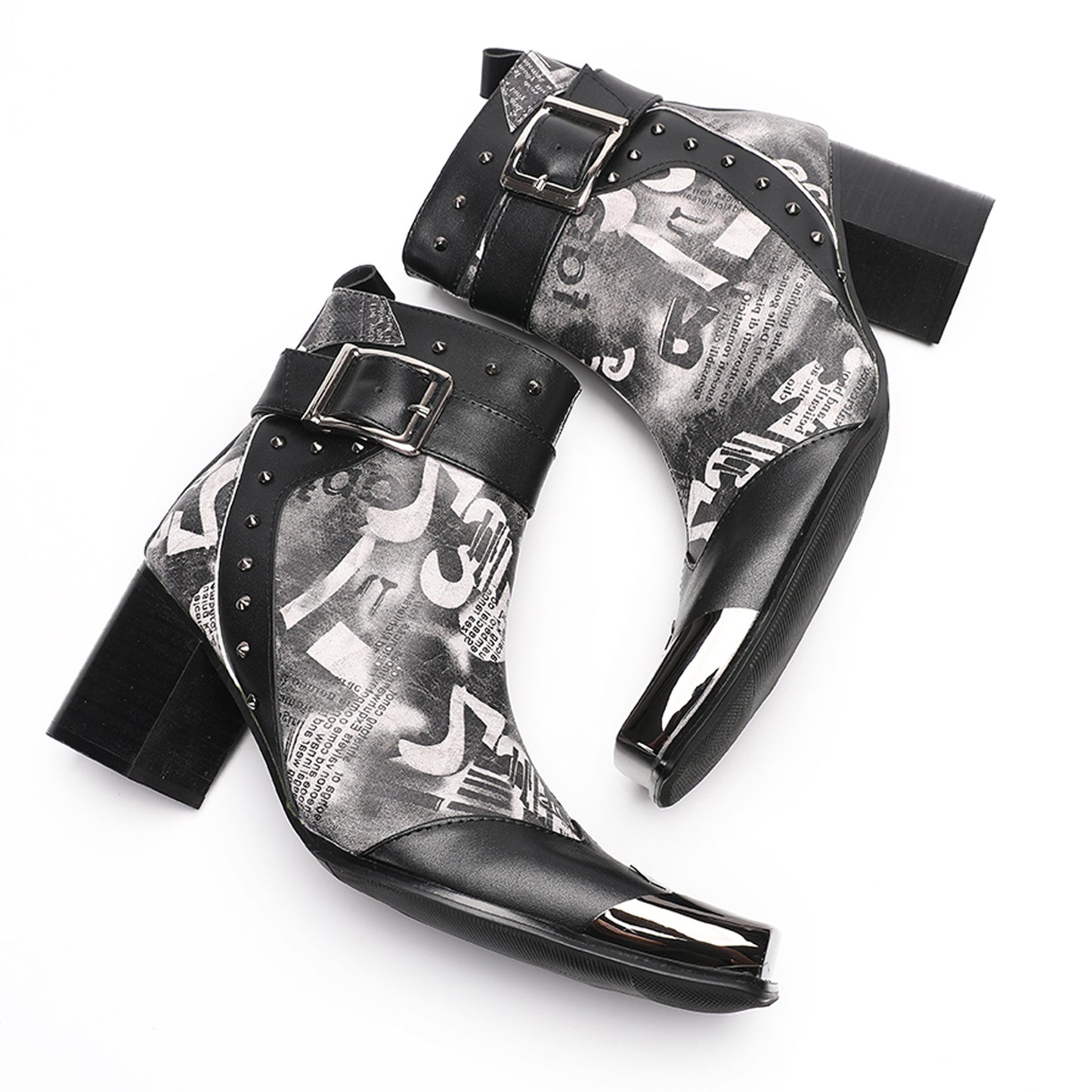 Mens Metal Square Toe Buckle Printed Leather Ankle Western Boots