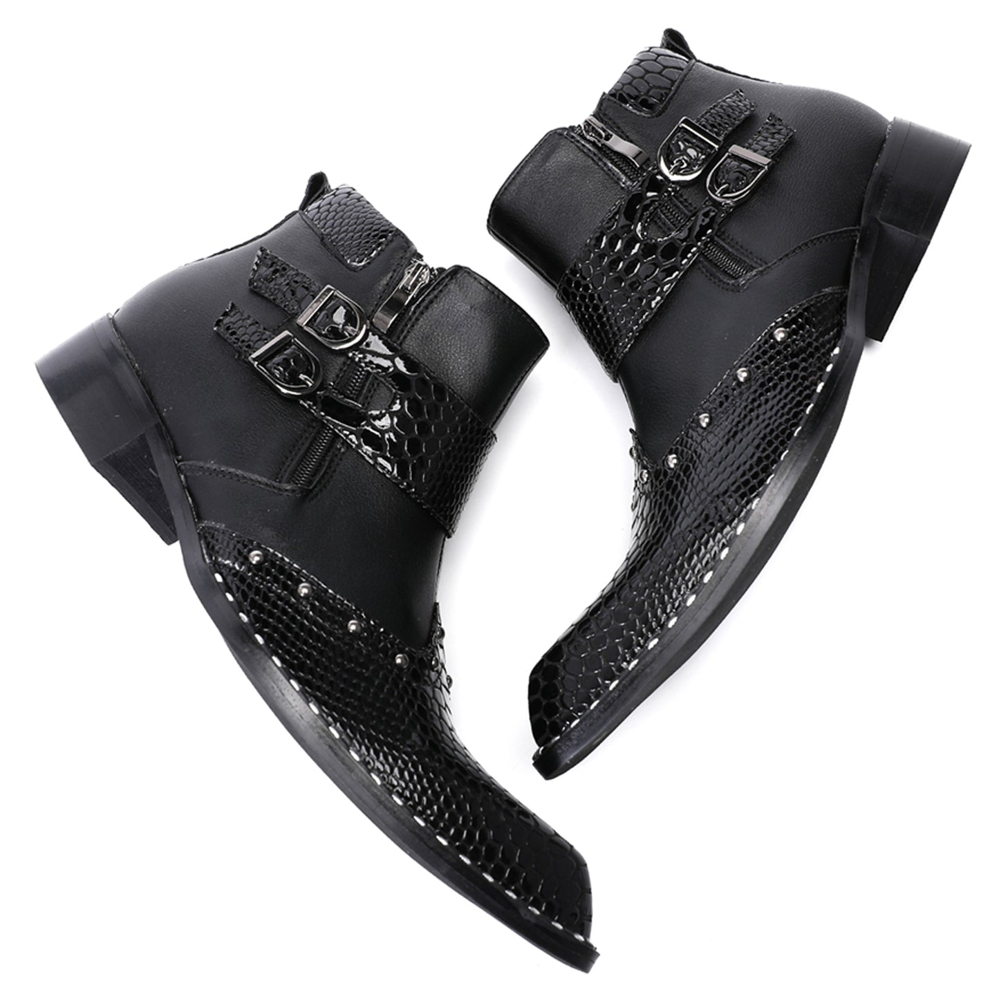 Mens Top-Grain Leather Pointed Toe Buckle Western Cowboy Ankle Boots