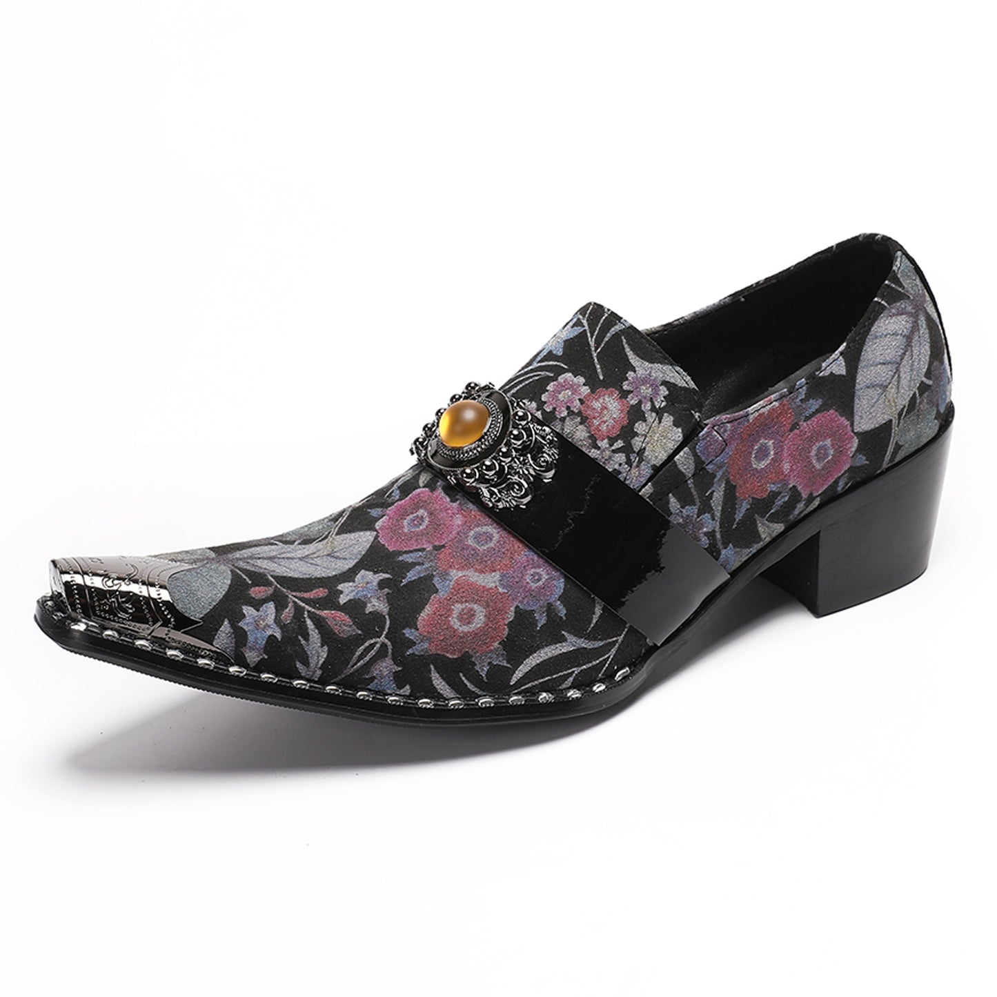 Mens Floral Leather Loafers Metal Toe Slip On Dress Shoes