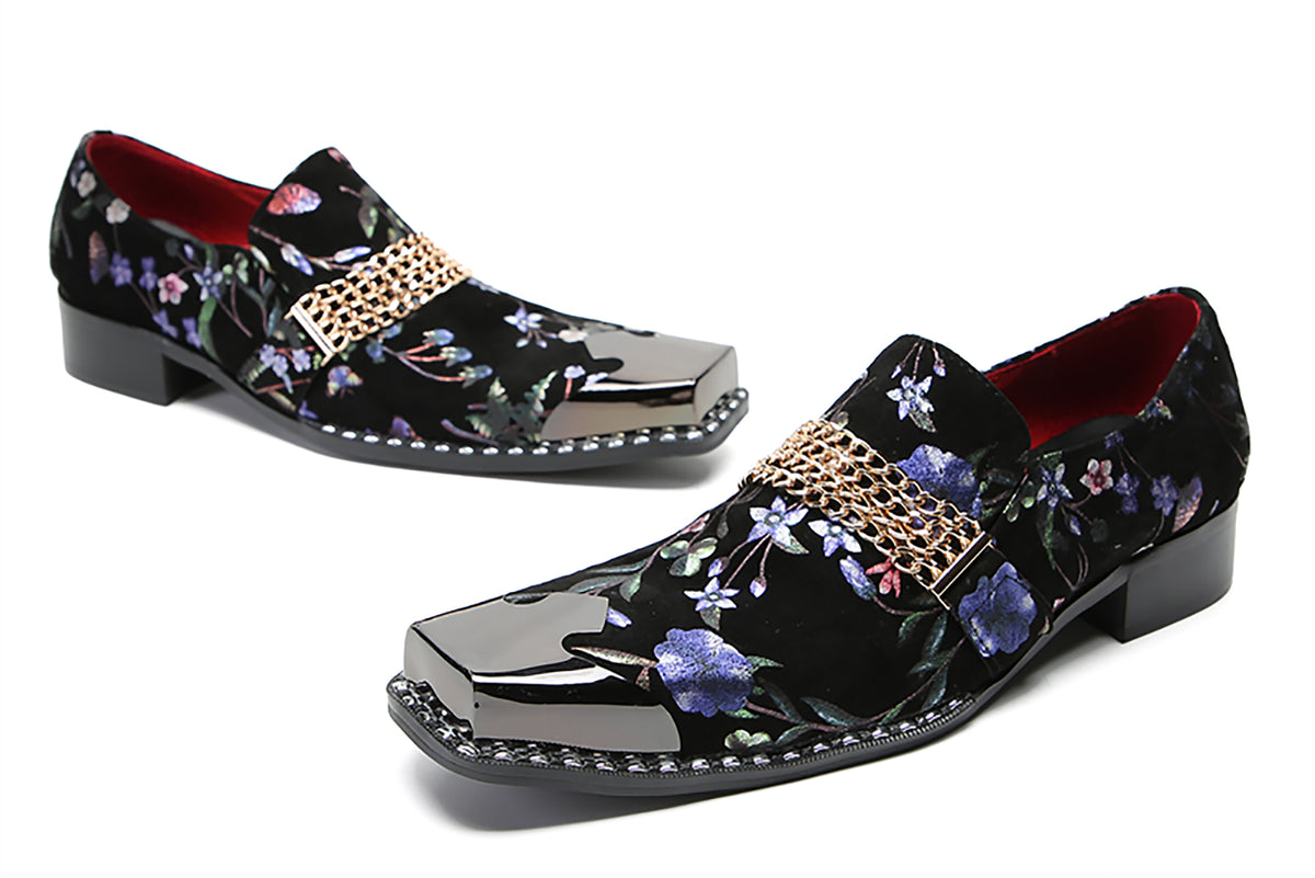 Mens Silp On Casual Dress Metal Square Toe Flowers Chain Western Loafers