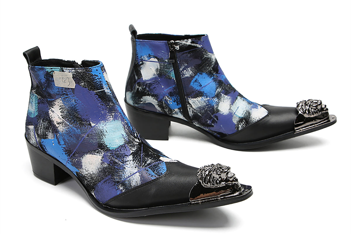 Mens Genuine Leather Metal-Wingtip Graffiti Ankle Western Boots