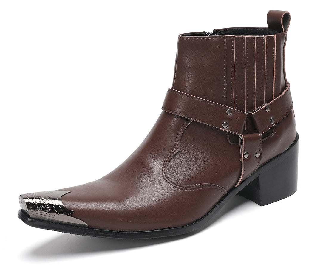 Mens Metallic Detailing Studded Strap Design Ankle Western Boots