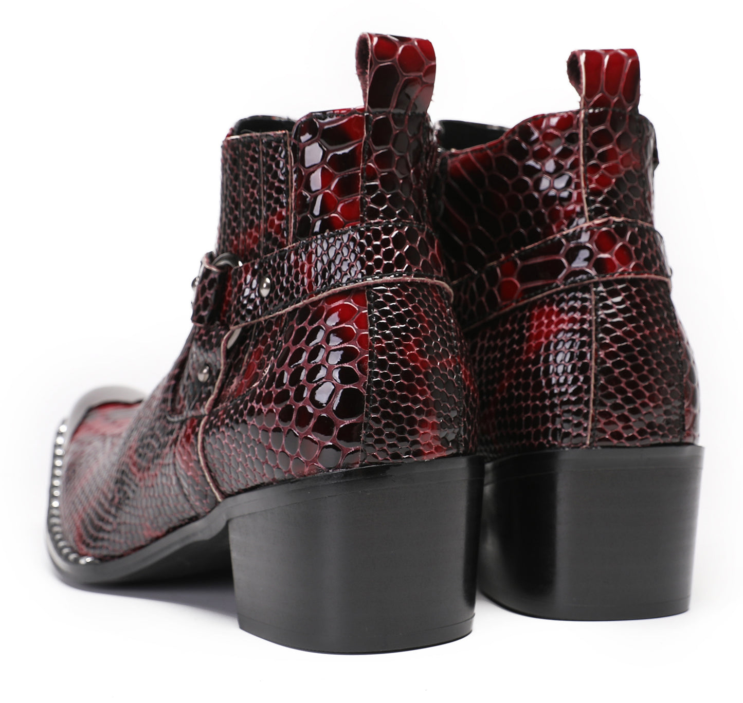 Mens Metal Square Toe Snakeskin Texture Ankle Western Boots