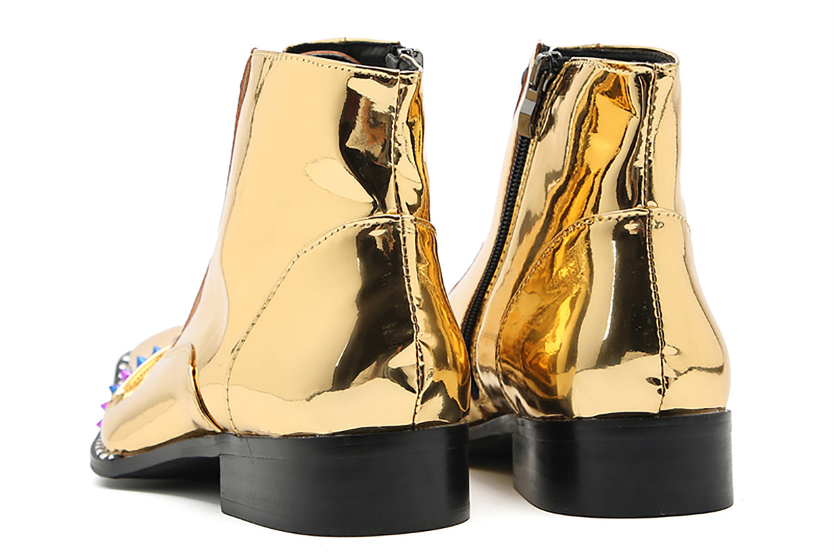 Mens Glossy Patent Leather Studded Zipper Ankle Western Oxfords Boots
