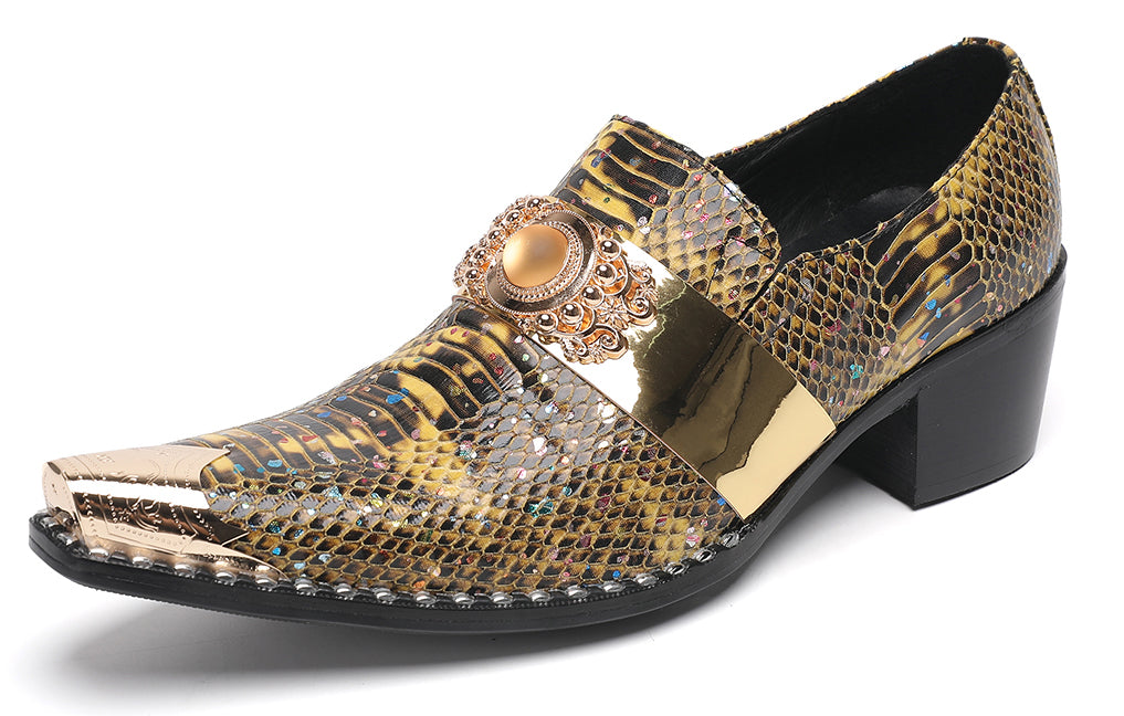 Mens Snakeskin Leather Metal Pointed Toe Chunky Heel Western Loafers