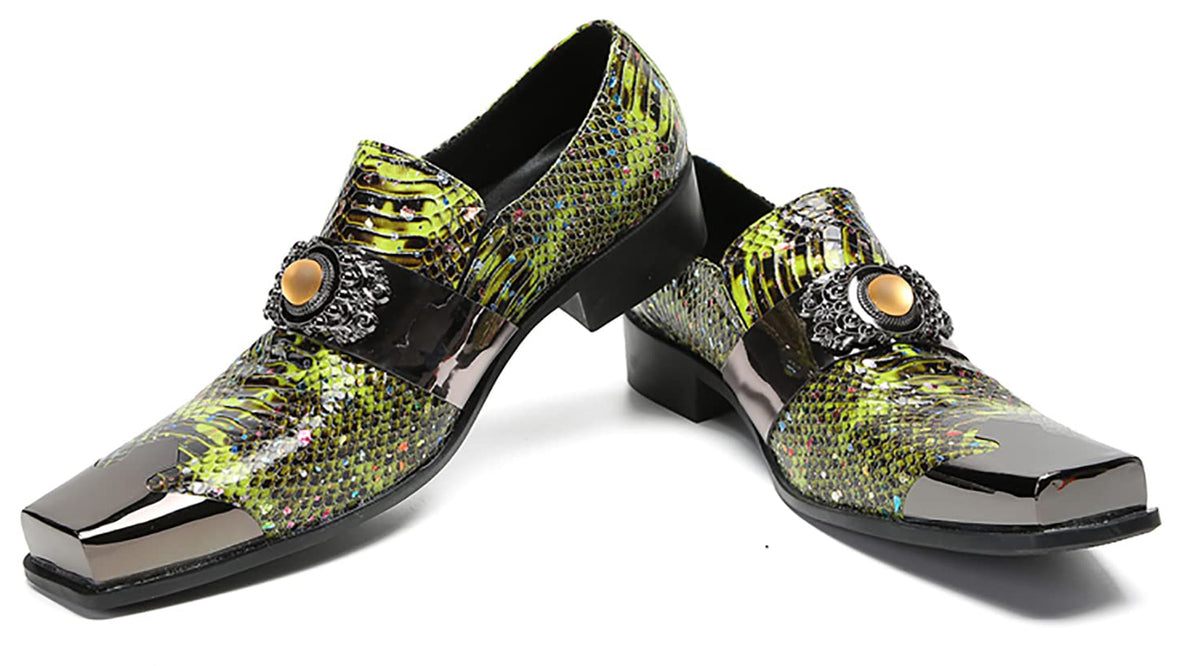 Mens Genunie Leather Slip On Yellow Gemstone Metal-Square Toe Western Loafers