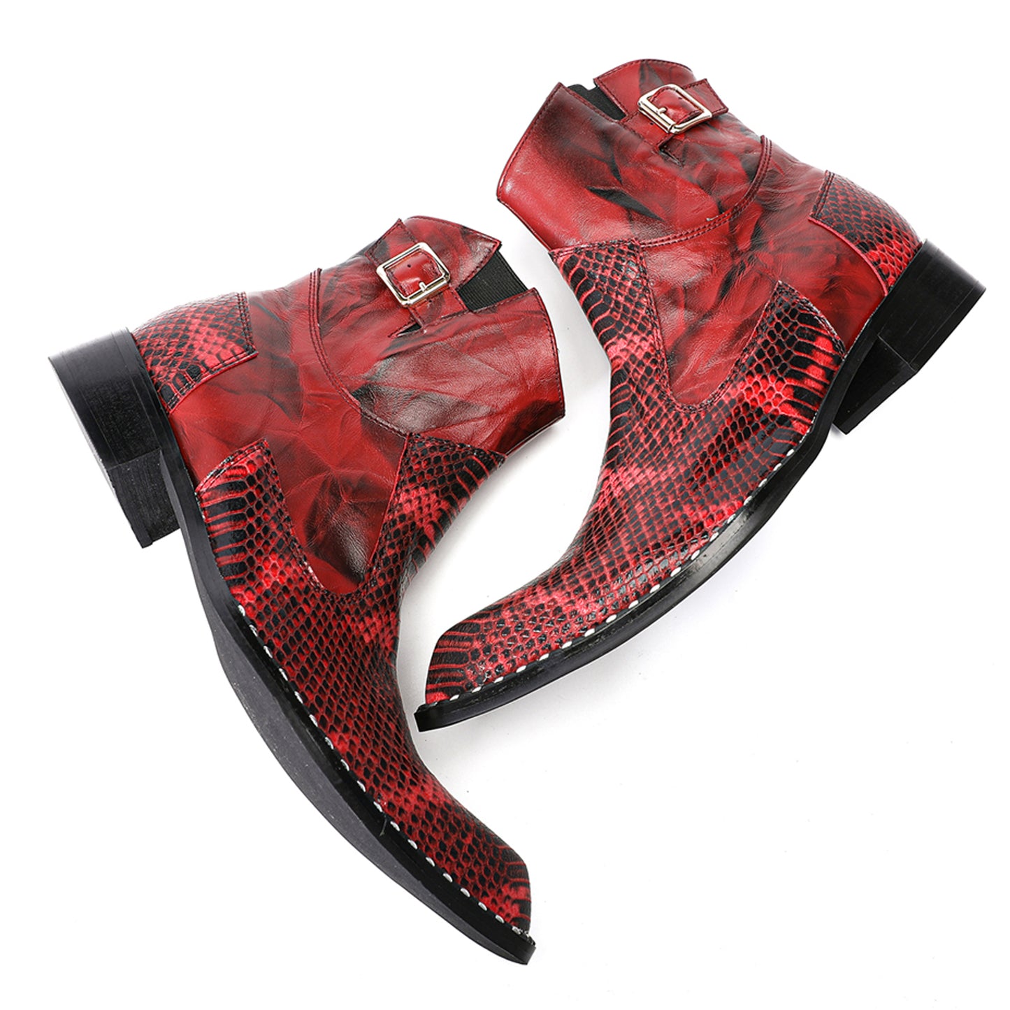 Mens Top-Grain Leather Snake-Embossed Cowboy Western Ankle Boots