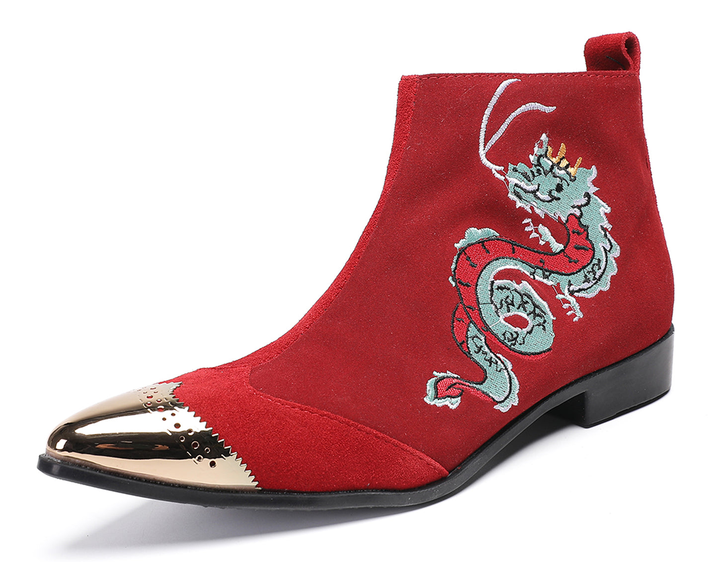Mens Red Suede Dragon Embroidered Ankle Cowboy Western Boots