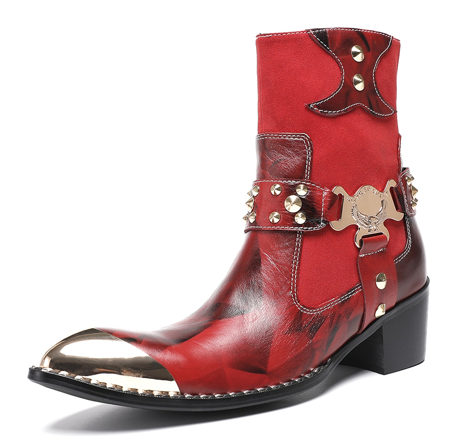 Mens Top-Grain Leather Studded Skull Buckle Punk Cowboy Western Boots