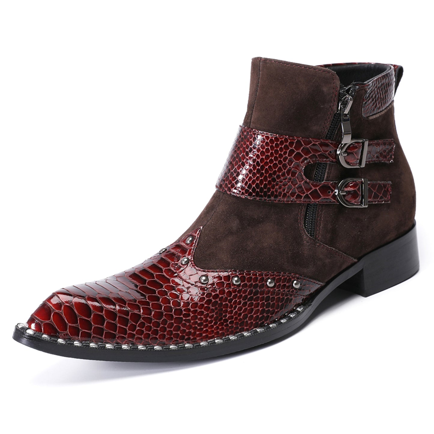 Mens Crocodile Embossed Leather Buckle Zip Ankle Boots