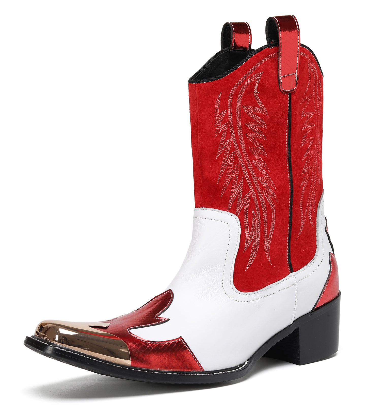 Mens Red-White Design Pull On Cowboy Western Boots