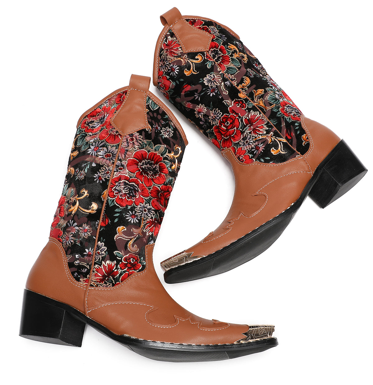 Mens Genuine Leather Metal Wingtip Toe Embroidered Flower Pull On Cowboy Boots