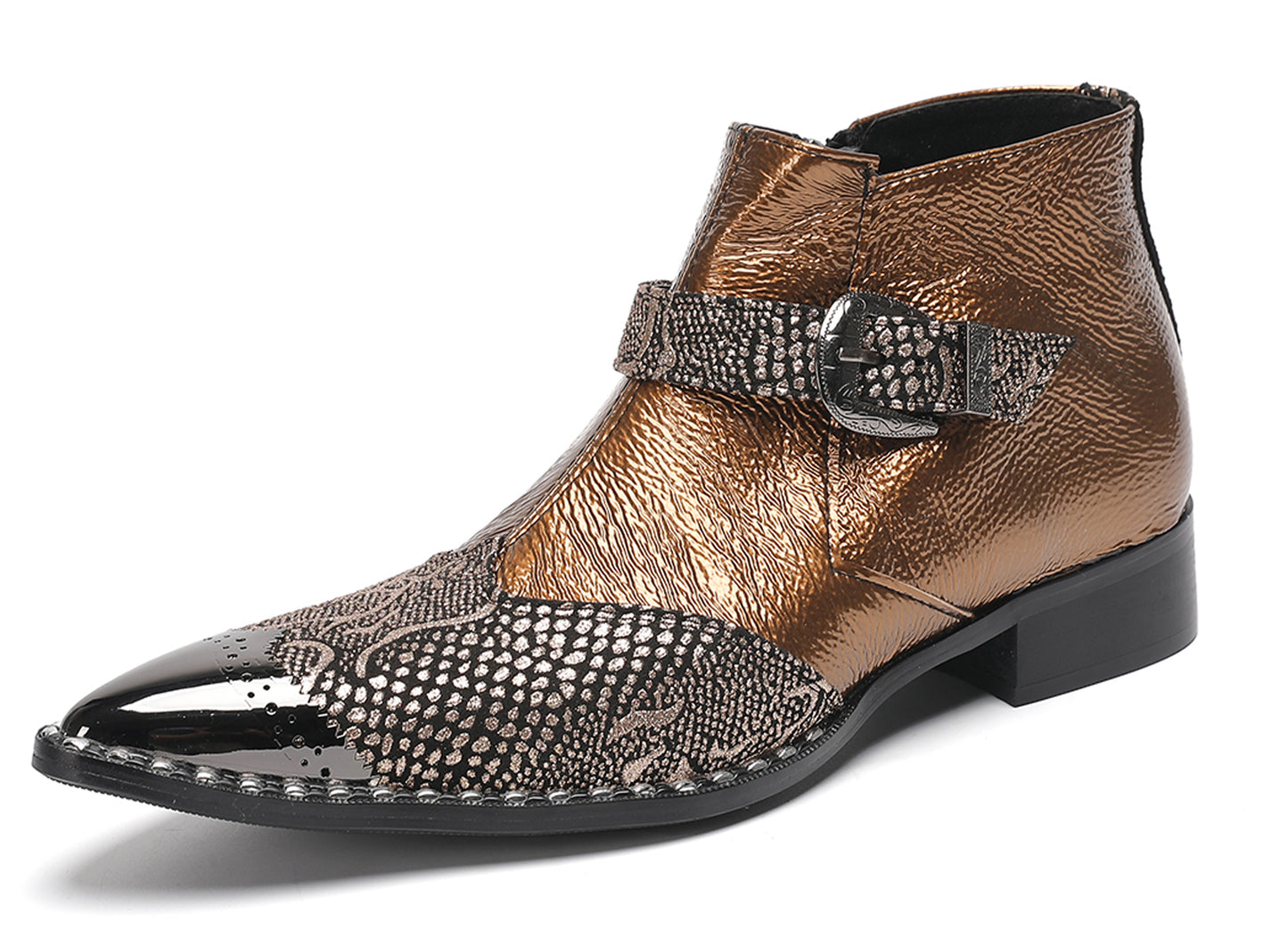 Mens Metallic Detail Buckle Strap Snake Print Ankle Western Boots