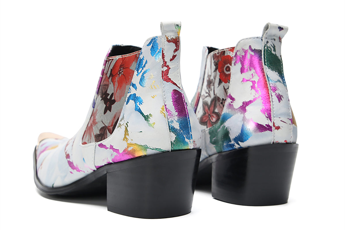 Mens Genuine Leather Metal Pointed Toe Glitter Flowers Ankle Western Chelsea Boots