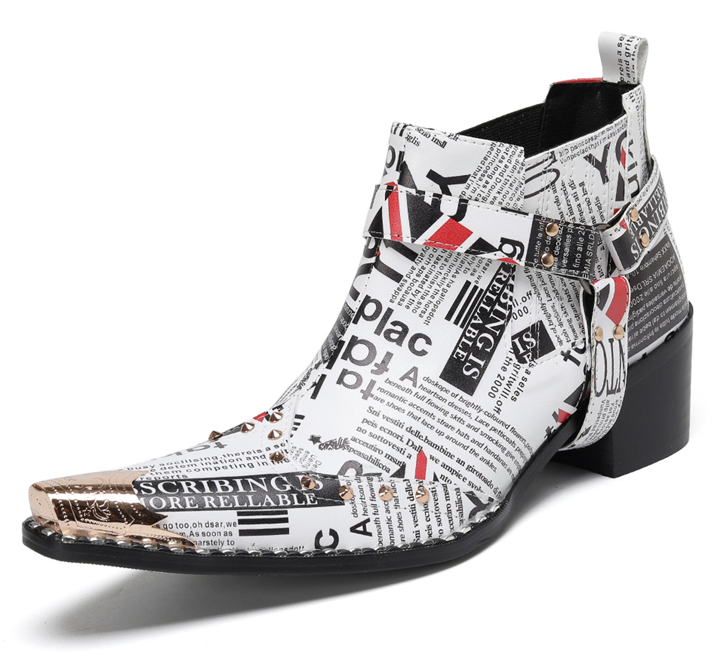 Mens Newspaper Print Union Jack Graphic Studded Ankle Western Chelsea Boots
