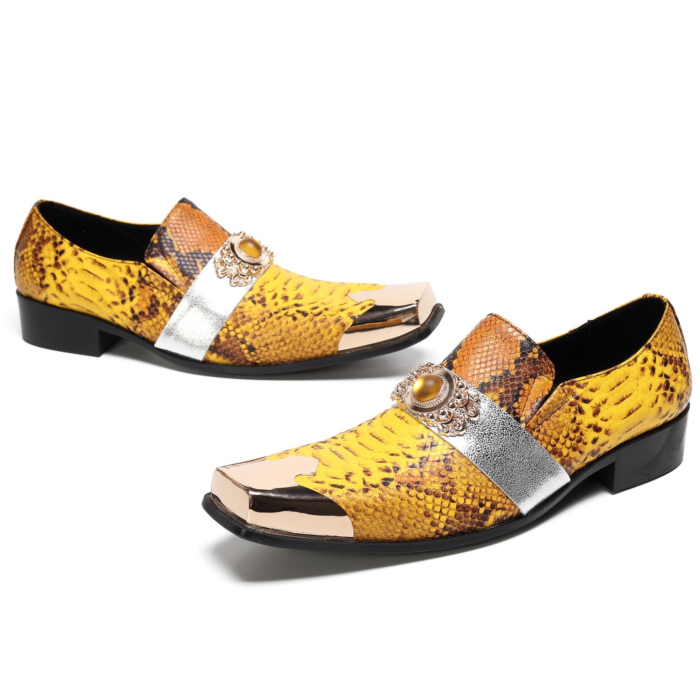 Mens Square Toe Metal Cap Yellow Snakeskin Print Western Loafers