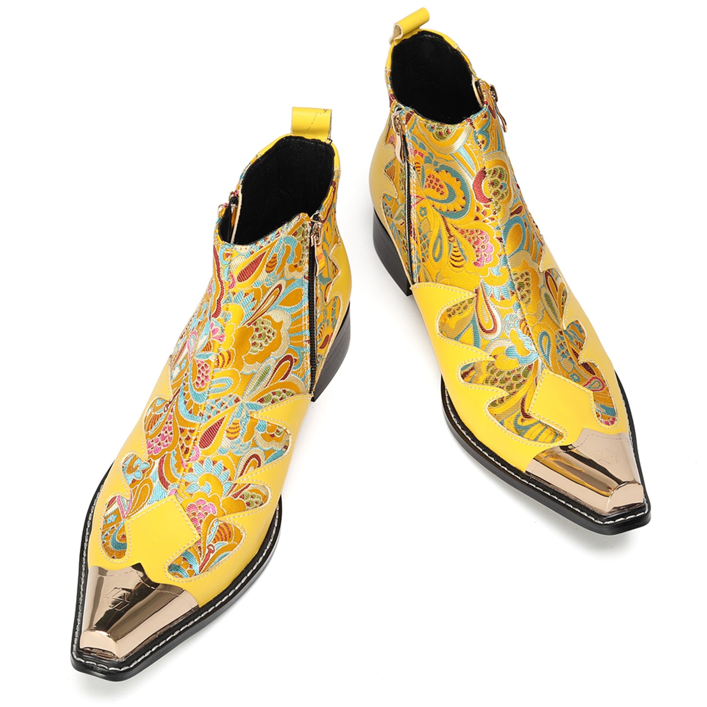 Mens Top-Grain Leather Metal Toe Cap & Floral Brocade Western Boots