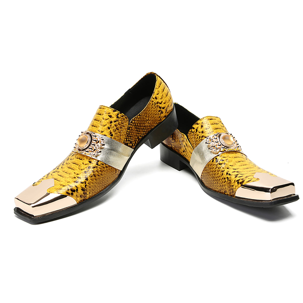 Mens Gold Metal Square Toe Genuine Leather Topaz Chain Snakeskin Texture Western Loafers