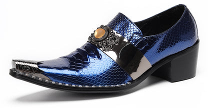 Mens Snakeskin Leather Metal Pointed Toe Chunky Heel Western Loafers