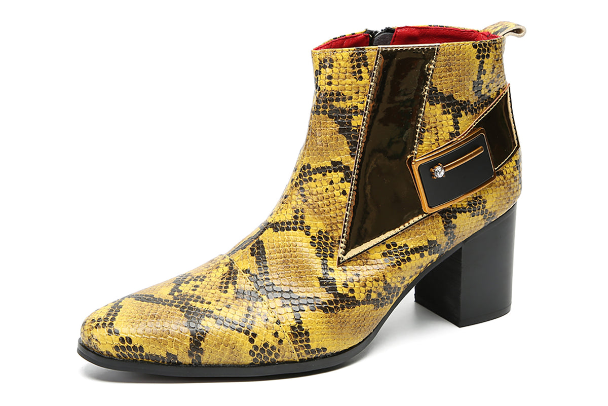 Mens Genuine Leather Casual Dress Snakeskin Texture Zipper Heel Ankle Boots