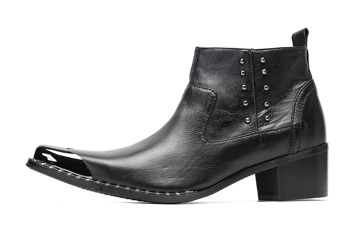 Mens Genuine Leather Beaded Zipper Metal Square Toe Ankle Western Boots