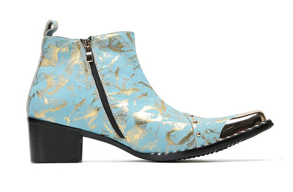 Mens Genunie Leather Zipper Chain Metal Square Toe Ankle Western Boots