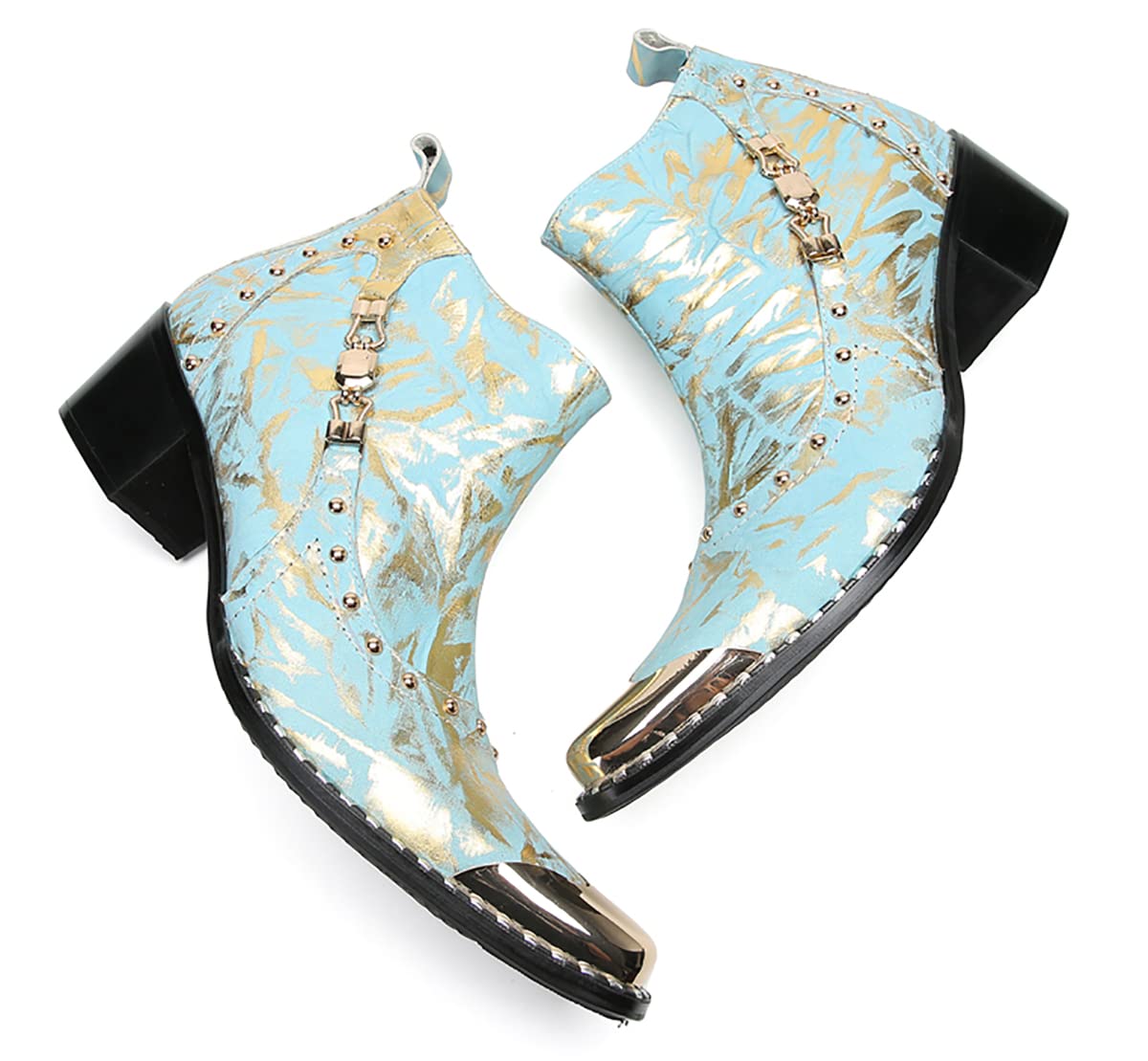 Mens Genunie Leather Zipper Chain Metal Square Toe Ankle Western Boots