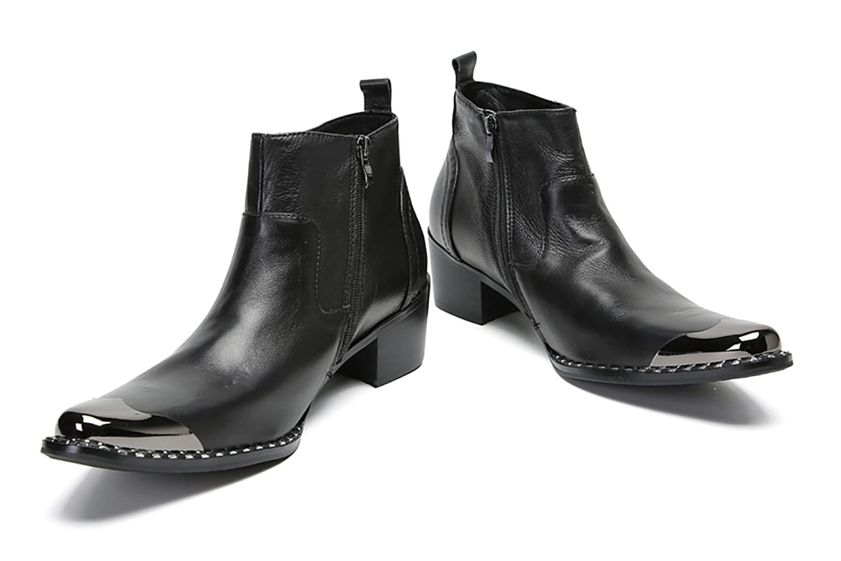 Mens Genuine Leather Beaded Zipper Metal Square Toe Ankle Western Boots